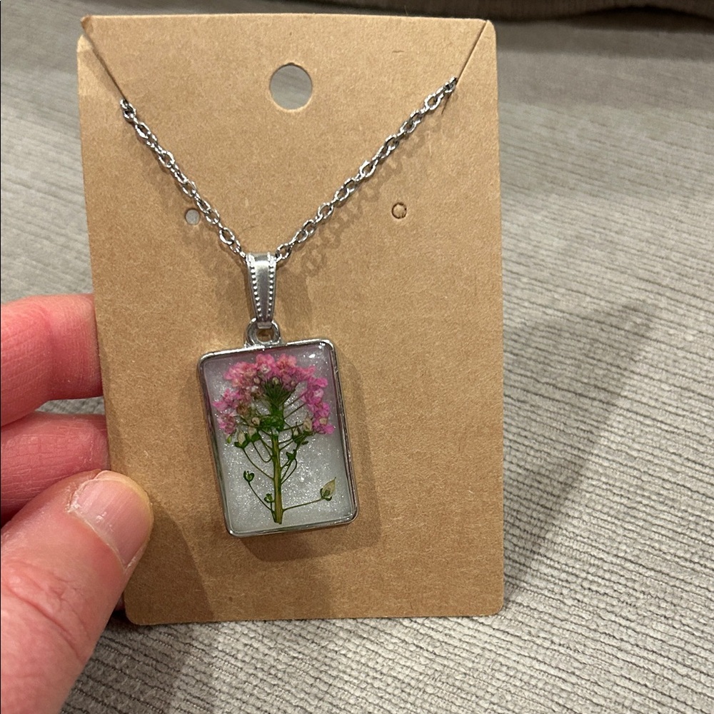 Handmade Silver and Pink Floral Pendant Necklace